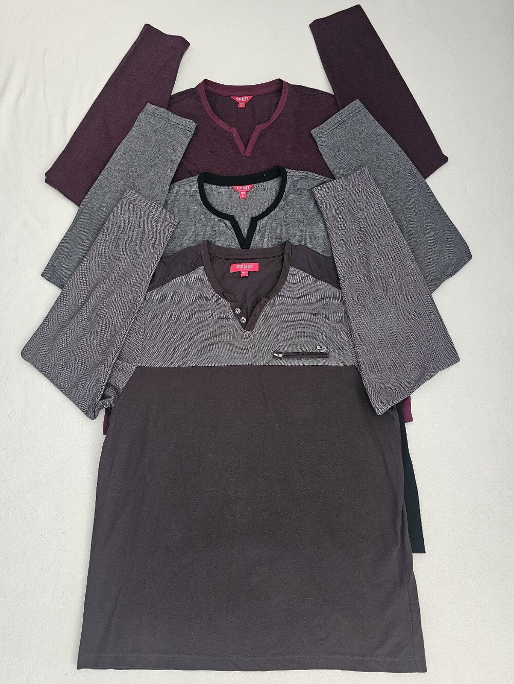 NEW! Guess Men's (3) Long Sleeve Henley Shirts Burgundy/black/brown Sz XL.